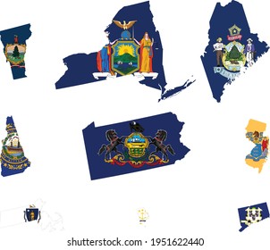 Vector Illustration Of Set Of Map Of US Federal States With State Flag Of Northeast Region Of United States Of America