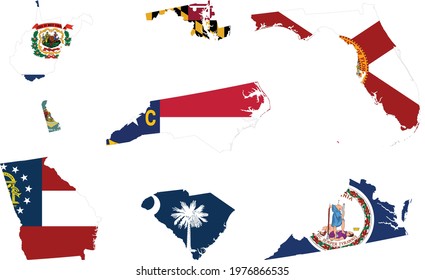 vector illustration of Set of Map of  US federal states of South Atlantic region with state flag