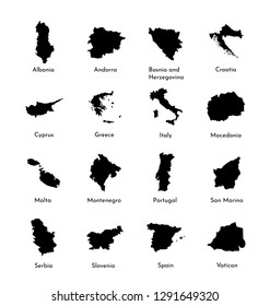 Vector illustration set maps of South Europe: Serbia, Slovernia, Vatican, Albania, Andorra, Greece, Cyprus, Croatia, Portugal, Italy, Spain, Montenegro, Malta, Macedonia, San Marino. Black silhouette