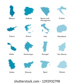 Vector illustration set maps of South Europe: Serbia, Slovernia, Vatican, Albania, Andorra, Greece, Cyprus, Croatia, Portugal, Italy, Spain, Montenegro, Malta, Macedonia, San Marino. Blue silhouette