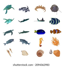 Vector illustration of set of marine animals, such as shark, fish, turtle, crab, sea horse and shells. Perfect for posters, guides, books, web design, decor, mobile phone application, computer games