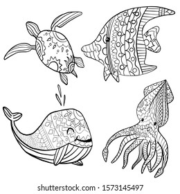 
vector illustration set of marine colors, fish, whale, turtle, black and white drawing, on a white background