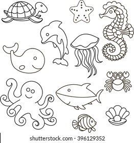 Vector illustration. Set of marine life. Outline for the painting. 