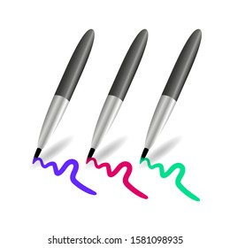 Vector illustration. Set of marker pens, red, green, purple. Simple colourful highlighters.