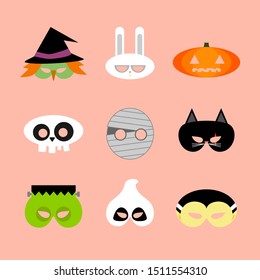 Vector illustration of a set of mask for halloween. Halloween mask flat style, Jack o lantern, witch, wizard, rabbit, skull, mummy, black cat zombie, ghost, and vampire or dracula