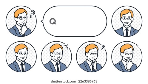 Vector illustration set material of middle man's simple face icon and speech bubble in suit