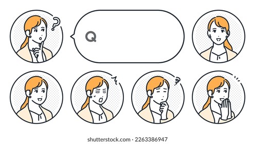 Vector illustration set material of a simple face icon of a young woman in a suit and a speech bubble