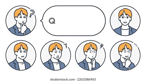 Vector illustration set material of a simple face icon of a young man in a casual suit and a speech bubble