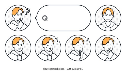 Vector illustration set material of young man's simple face icon and speech bubble