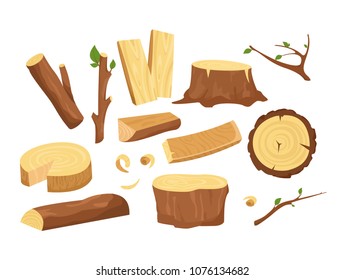 Vector illustration set of materials for wood industry. Collection of tree logs, planks, stump, twigs and trunks in cartoon flat style.