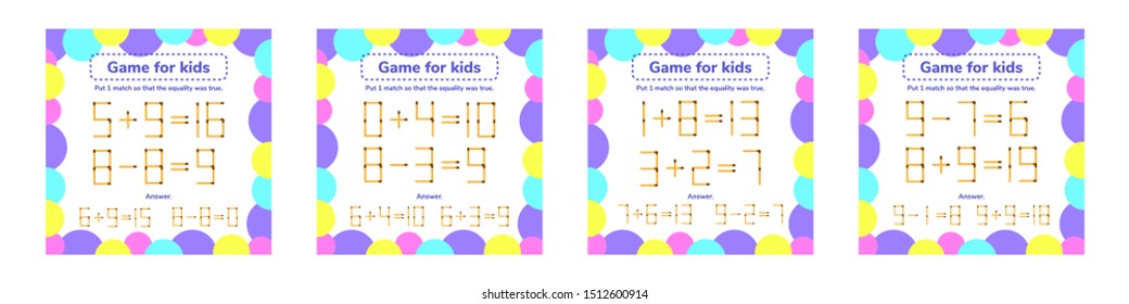 Vector Illustration. Set Math Game For Kids. Put Matchstick So That The Equality Was True.