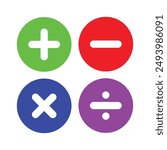 
Vector illustration of set of mathematical symbols. Calculations and mathematical operations. Basic operations with numbers. Circular icons of addition, subtraction, multiplication and others.