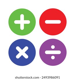 
Vector illustration of set of mathematical symbols. Calculations and mathematical operations. Basic operations with numbers. Circular icons of addition, subtraction, multiplication and others.