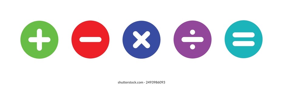 
Vector illustration of set of mathematical symbols. Calculations and mathematical operations. Basic operations with numbers. Circular icons of addition, subtraction, multiplication and others.