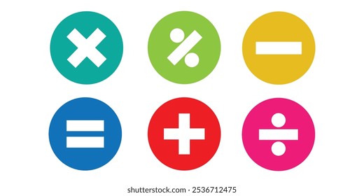 Ilustração vetorial do conjunto de símbolos matemáticos. Cálculos e operações matemáticas. Operações básicas com números. Ícones circulares de adição, subtração, multiplicação e outros.