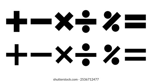 Ilustração vetorial do conjunto de símbolos matemáticos. Cálculos e operações matemáticas. Operações básicas com números. Ícones circulares de adição, subtração, multiplicação e outros.