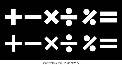 Ilustração vetorial do conjunto de símbolos matemáticos. Cálculos e operações matemáticas. Operações básicas com números. Ícones circulares de adição, subtração, multiplicação e outros.