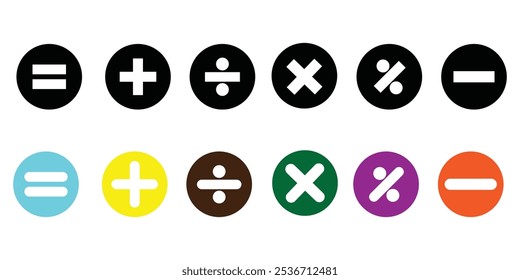 Ilustração vetorial do conjunto de símbolos matemáticos. Cálculos e operações matemáticas. Operações básicas com números. Ícones circulares de adição, subtração, multiplicação e outros.