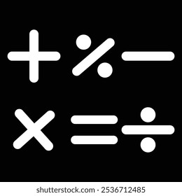 Ilustração vetorial do conjunto de símbolos matemáticos. Cálculos e operações matemáticas. Operações básicas com números. Ícones circulares de adição, subtração, multiplicação e outros.