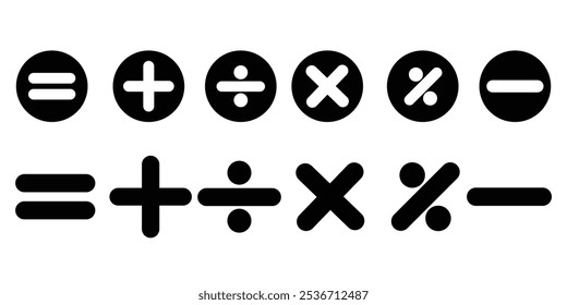 Ilustração vetorial do conjunto de símbolos matemáticos. Cálculos e operações matemáticas. Operações básicas com números. Ícones circulares de adição, subtração, multiplicação e outros.