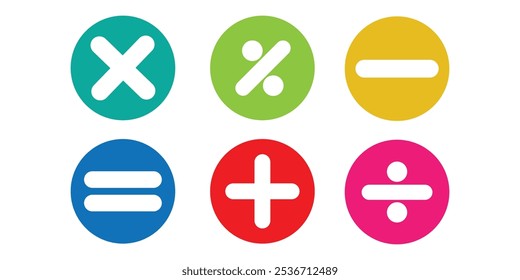 Ilustração vetorial do conjunto de símbolos matemáticos. Cálculos e operações matemáticas. Operações básicas com números. Ícones circulares de adição, subtração, multiplicação e outros.