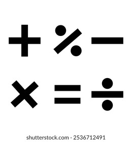 Ilustração vetorial do conjunto de símbolos matemáticos. Cálculos e operações matemáticas. Operações básicas com números. Ícones circulares de adição, subtração, multiplicação e outros.