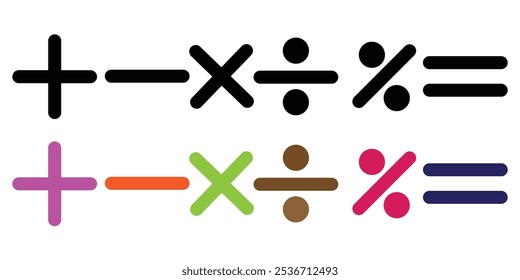 Ilustração vetorial do conjunto de símbolos matemáticos. Cálculos e operações matemáticas. Operações básicas com números. Ícones circulares de adição, subtração, multiplicação e outros.