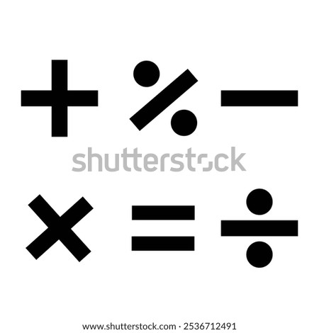 Vector illustration of set of mathematical symbols. Calculations and mathematical operations. Basic operations with numbers. Circular icons of addition, subtraction, multiplication and others.