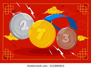 vector illustration of a set of medals of the winners of the Chinese International Winter Sports games, on a red background with design elements of Chinese culture