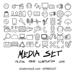 Vector illustration set of media line icons with white background