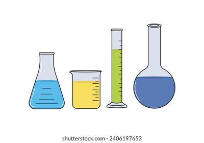 Ilustración vectorial conjunto de vidrio químico médico, vidrio de vaso de precipitado, cientifico erlenmayer en forma de doodle