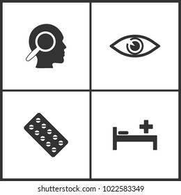 Vector Illustration Set Medical Icons. Elements of Thoughts, Eyes, Pills and Pay bed icon on white background