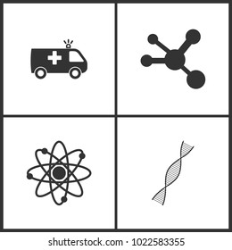 Vector Illustration Set Medical Icons. Elements of Ambulance, Molecule , Neutron and DNA molecule icon on white background