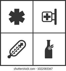 Vector Illustration Set Medical Icons. Elements of Pharmacy, Thermometer and Medicine vial bottle icon on white background