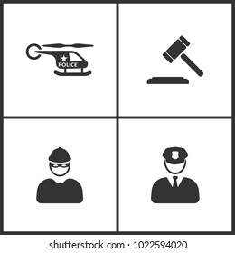 Vector Illustration Set Medical Icons. Elements of Helicopter, Hammer judge, Robber and Police icon on white background