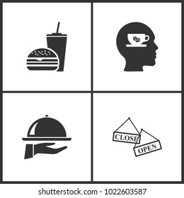 Vector Illustration Set Medical Icons. Elements of Fast Food, Cup of coffee, Tray on the hand and Open Close banner icon on white background