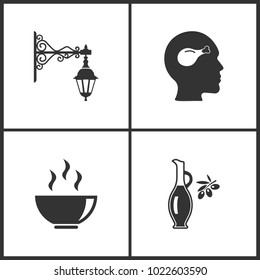 Vector Illustration Set Medical Icons. Elements of Street lamp, Chicken leg, Soup and Olive oil icon on white background