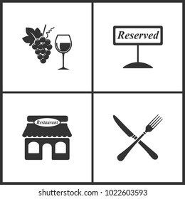 Vector Illustration Set Medical Icons. Elements of Wine and grapes, Reserved, restaurant and crossed fork over knife icon on white background