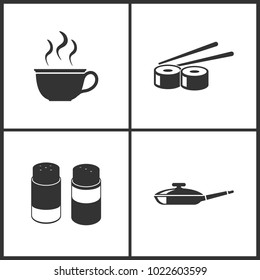 Vector Illustration Set Medical Icons. Elements of Cup, Sushi, Salt and pepper and Pan icon on white background