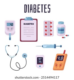 Ilustração vetorial de um conjunto de instrumentos médicos e medicamentos para o tratamento da diabetes. Inclui glucometers, seringa, estetoscópio, medicina e muito mais, perfeito para design temático. Estilo plano.