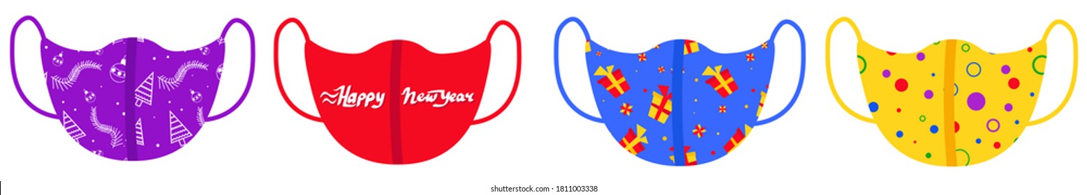 vector illustration of a set of medical masks with new year 2020-2021 and Christmas pattern print.Holiday protective children's funny masks сoronavirus with trees, snow. 
Carnival accessories for face