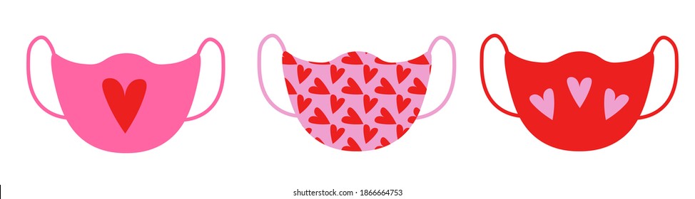 vector illustration of a set of medical masks with Saint Valentine Day pattern print 2021.Holiday protective romantic pink and red masks сoronavirus with hearts.Accessories for character's face