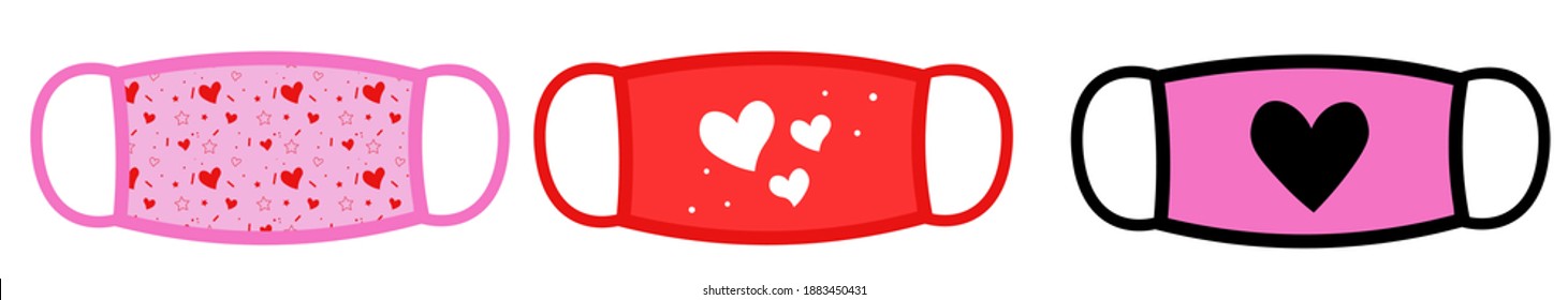 
vector illustration - set of medical masks with Saint Valentine Day pattern print 2021.Cute holiday protective romantic pink and red masks сoronavirus with hearts.Accessories for character's face
