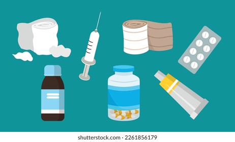 Vector illustration of a set of medical objects. Syringe, pills, bandage, bandage, tablets.