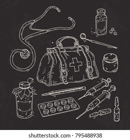 Vector illustration of set of medical tools, doctor bag, medicines, pills and syringes on black background