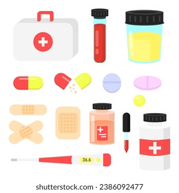 Vector illustration of a set of medicines for first aid on a white isolated background.