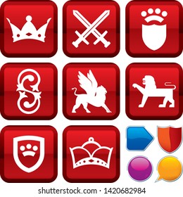 Vector illustration. Set of medieval icons on square buttons. Geometric style.