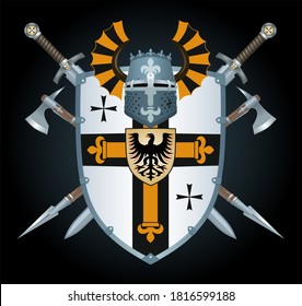 Ilustración vectorial, un conjunto de armadura blanca medieval y armas en un fondo negro.