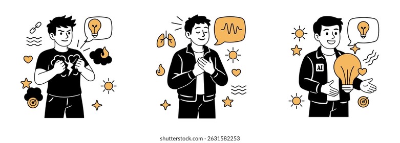 Ilustração vetorial de homens expressando conceitos de saúde mental, quebrando pensamentos negativos, respirando profundamente para a calma e segurando uma lâmpada para simbolizar ideias positivas.