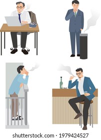 Vector illustration set of men smoking cigarettes
